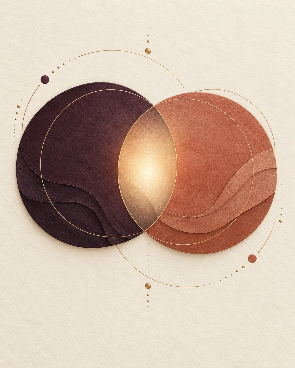 Two distinct plum and terracotta circles meeting in a small warm glow